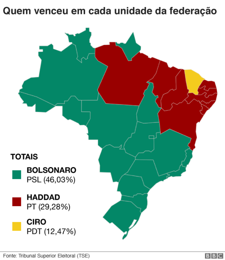 Mapa mostrando qual dos pesidenci&aacute;veis venceu em cada pa&iacute;s