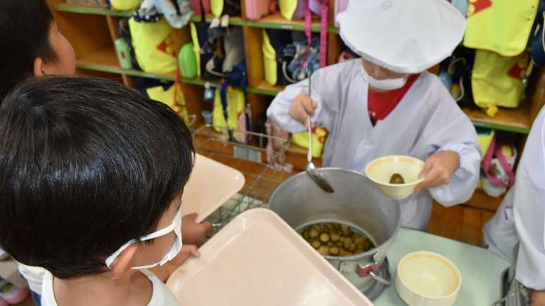 Kit de materiais que pais devem providenciar para alunos japoneses inclui máscara para cirúrgica que eles usam quando servem a comida dos colegas