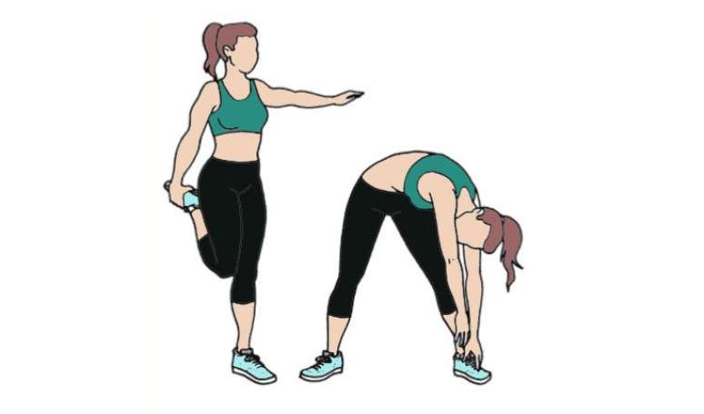 9. ALONGAMENTO - Ele serve como um descanso. Puxe primeiro o quadr&iacute;ceps direito para tr&aacute;s, abra o bra&ccedil;o para ajudar a manter o equil&iacute;brio e permane&ccedil;a na posi&ccedil;&atilde;o por apenas 10 segundos. Depois troque de perna. Totalize 20 segundos. Ent&atilde;o, abra as pernas e dobre a coluna, esticando os bra&ccedil;os primeiro na dire&ccedil;&atilde;o do p&eacute; direito, depois na do esquerdo, segure por 15 segundos de cada lado. 