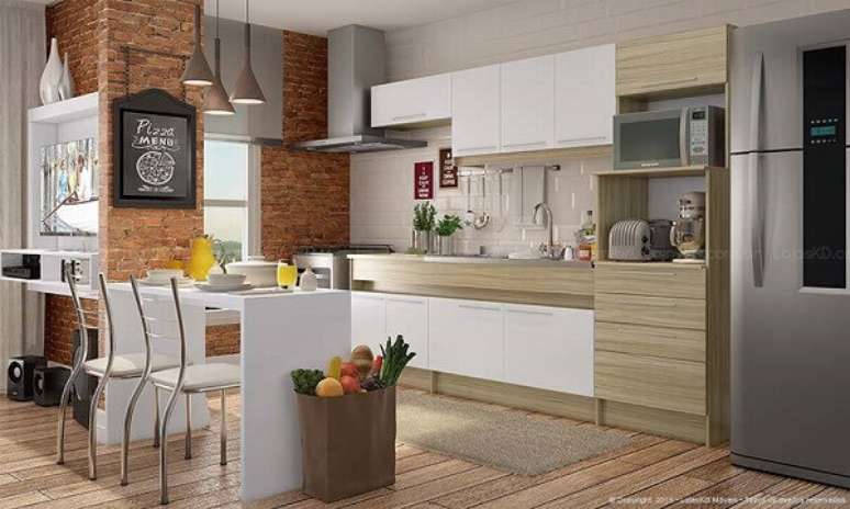 34- A cozinha americana pequena tem estilo moderno com linhas retas. Fonte: Lojas KD Móveis