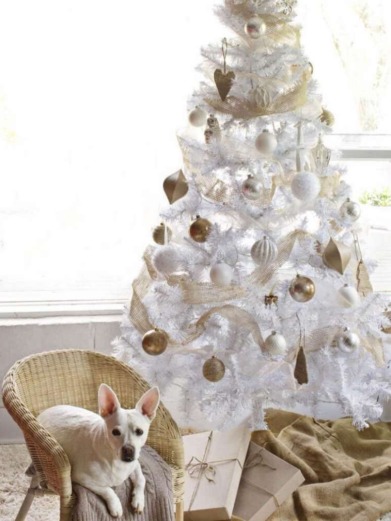33. Linda decoração com árvore de natal branca e dourada – Foto: Chrismast Cards Ideas