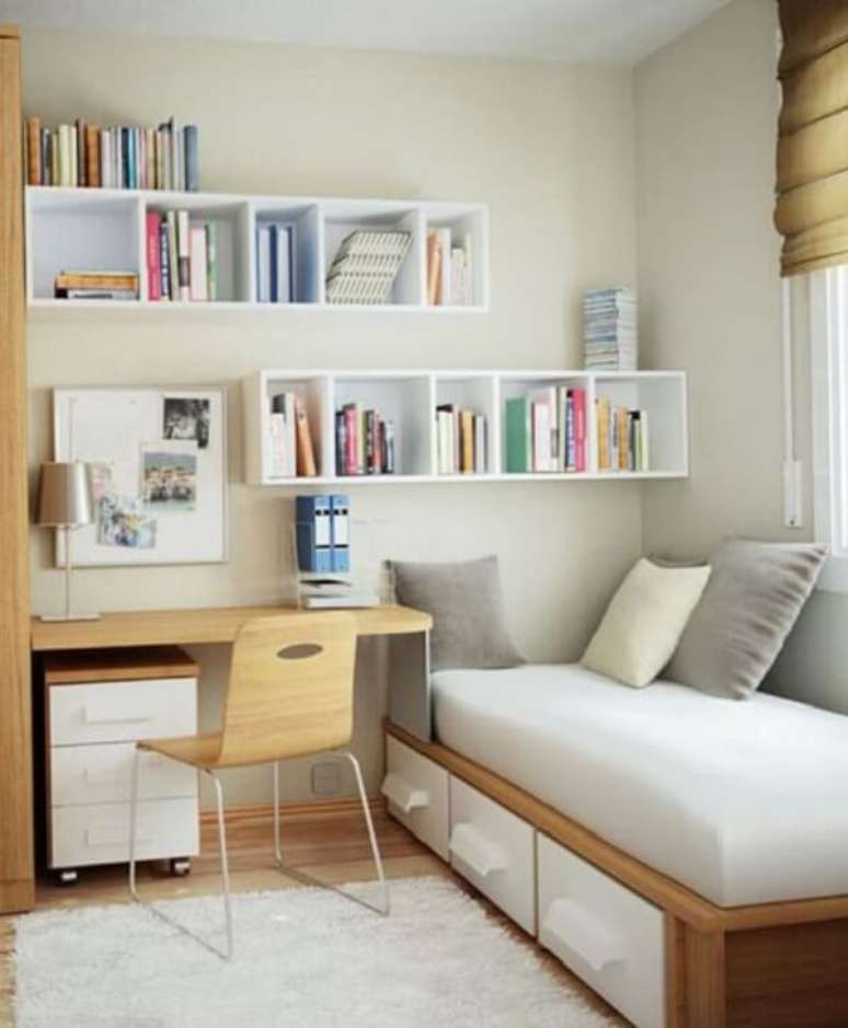 7- Na decoração de quartos pequenos para crianças os móveis devem aproveitar cada cantinho do cômodo. Fonte: Pinterest