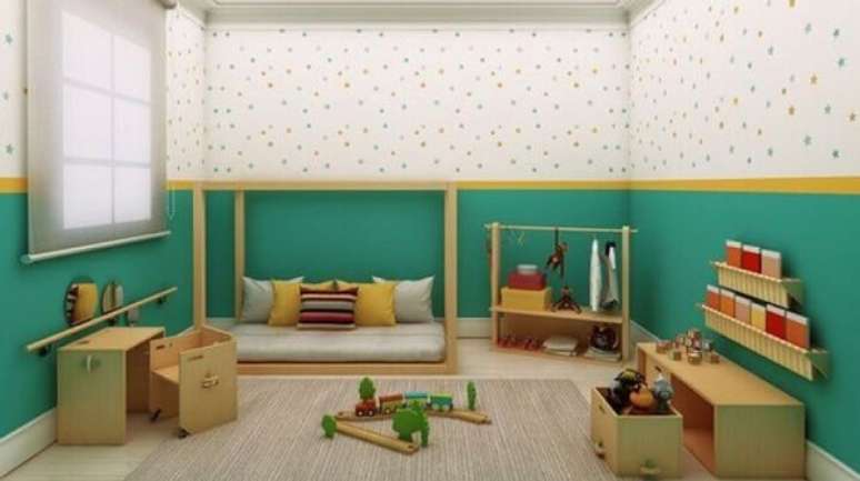 3- Os móveis devem manter a linha baixa na decoração de quartos pequenos. Fonte: Pinterest
