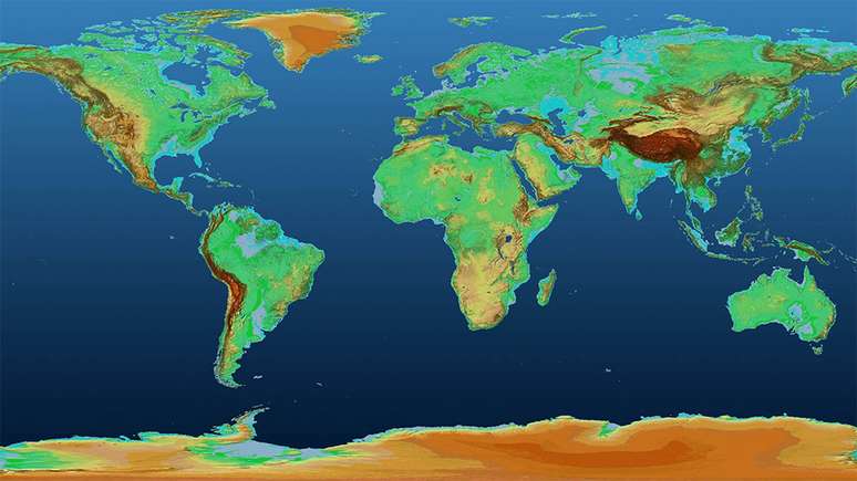 O mapa mostra variações de altitude na superfície terrestre ao longo de mais de 148 milhões de km²
