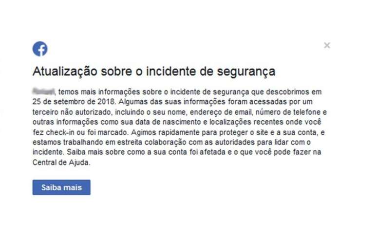 Aviso exibido pelo Facebook aos usuários que foram afetados no País