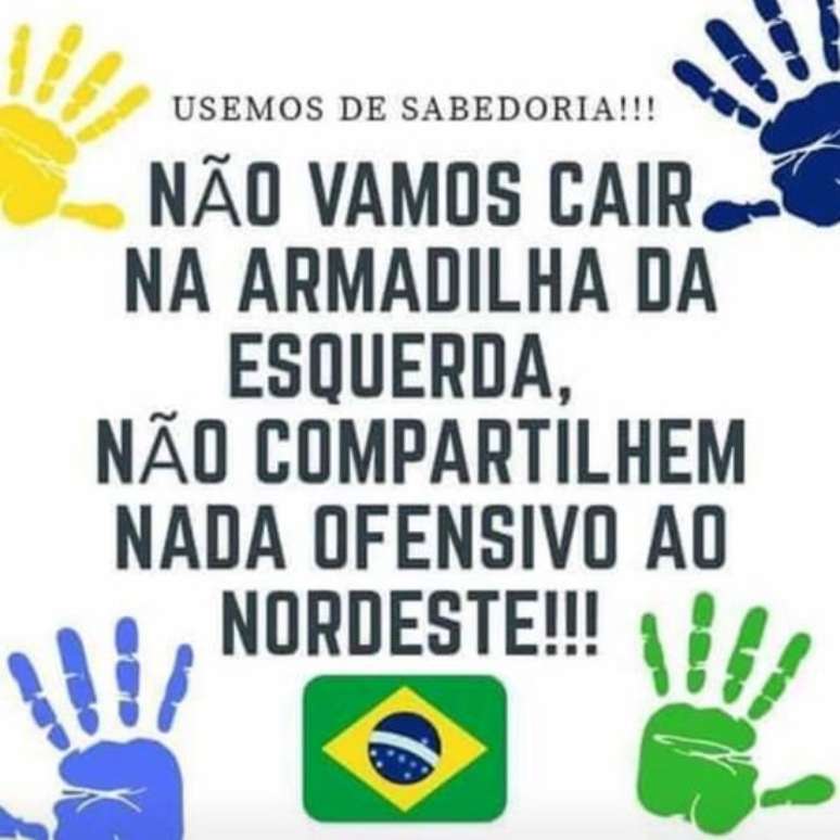 Imagem compartilhada em páginas de apoio a Bolsonaro sobre ataques a nordestinos