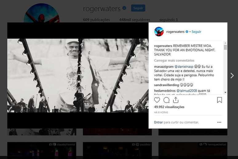Roger Waters replicou sua homenagem a Moa do Katendê nas redes sociais