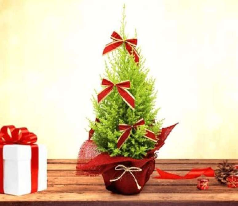 6- Esse tamanho de pinheiro de natal decorado com fitas é ideal para espaços pequenos. Fonte: Blog Giuliana Flores