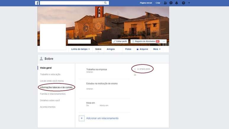 Captura de tela de configurações do Facebook