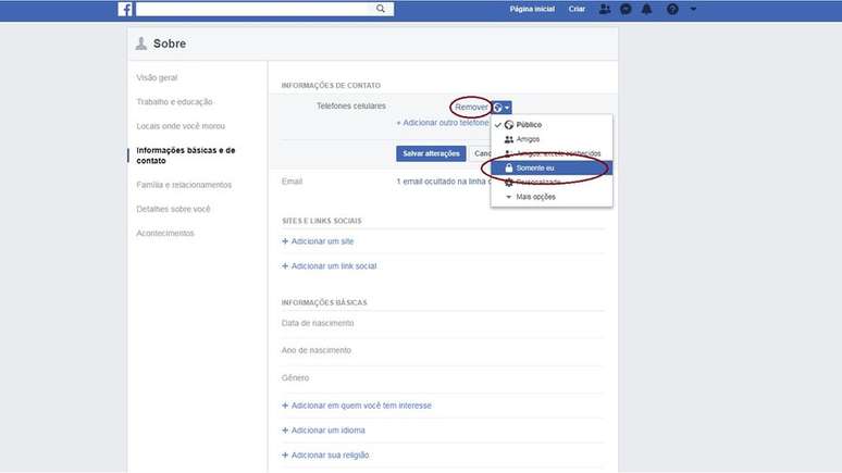 Captura de tela de configurações do Facebook