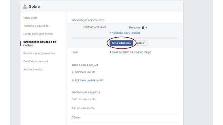 Captura de tela de configurações do Facebook