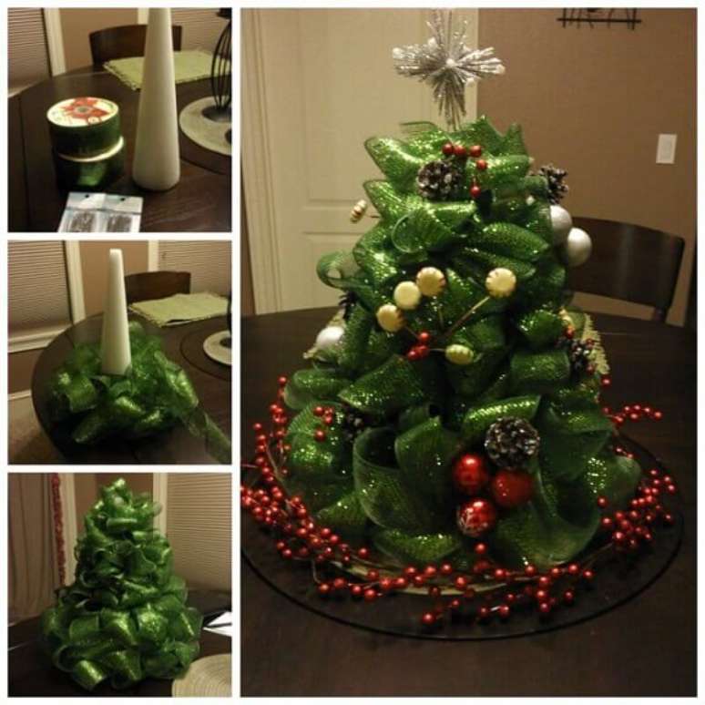 23. Tutorial de como fazer árvore de natal artesanal com fita verde. Foto de Wonderful DIY