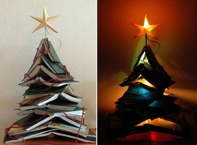 29. Árvore de natal artesanal feita com livros. Foto de Hun