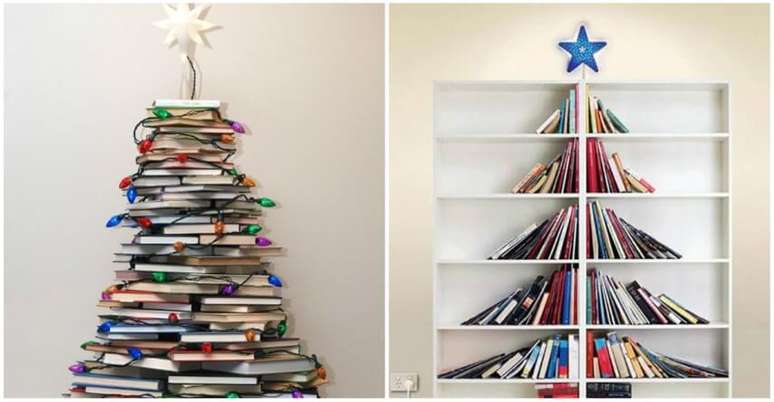 4. Até mesmo livros podem ser usados para fazer uma árvore de natal artesanal. Foto de Elite Readers