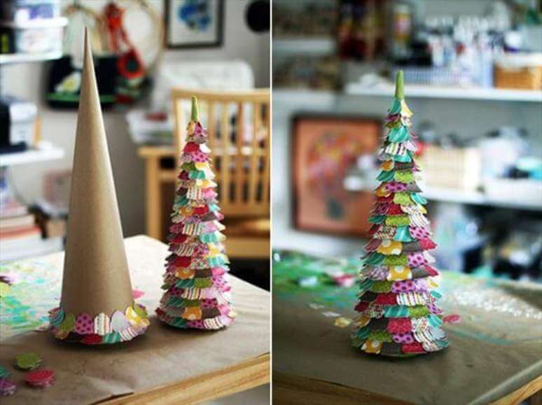 13. Inspiração para a sua árvore de natal de papelão com papéis coloridos. Foto de VTV