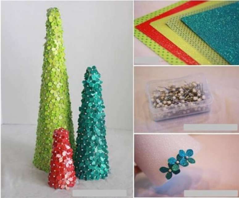 20. Árvores de natal feitas com lantejoulas em formato de flores. Foto de So Creative Things
