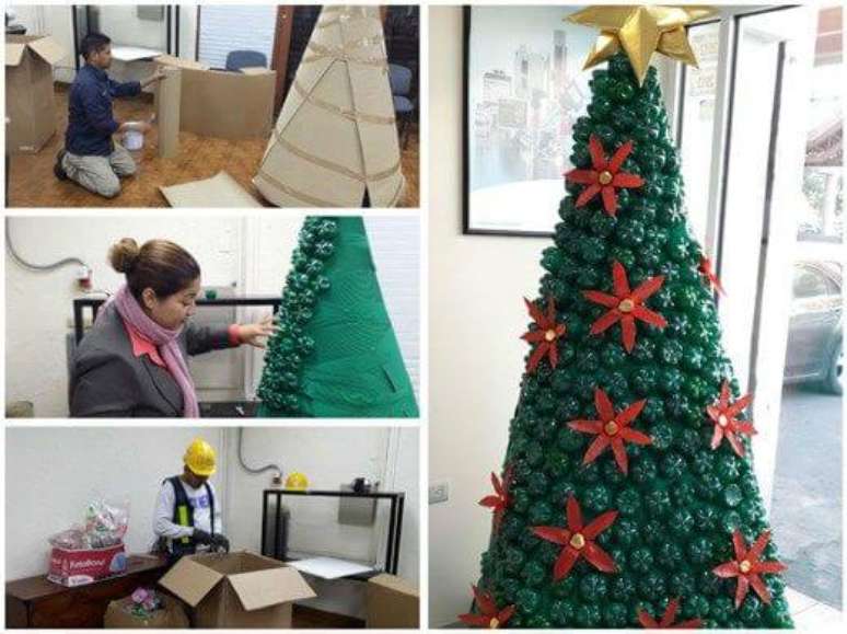 19. Árvore de natal de garrafa PET com estrutura de papelão. Foto de Pinterest