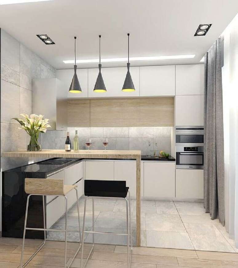 30 Pendentes para decora&ccedil;&atilde;o de cozinha planejada pequena com balc&atilde;o &ndash; Foto: Behance