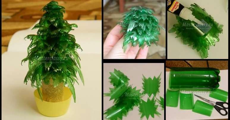 16. Mini árvore de natal de garrafa PET com folhas feitas da garrafa. Foto de Masterclassy