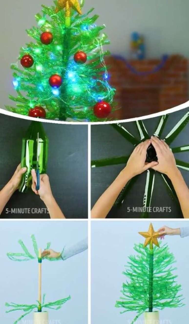 17. Árvore de natal de garrafa PET com luzes pisca pisca e bolinhas natalinas. Foto de 5-Minute Crafts