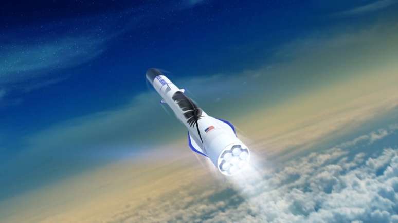 O New Glenn, na foto, é um dos foguetes desenvolvidos pela Blue Origin; a empresa é considerada a mais cautelosa na nova corrida espacial