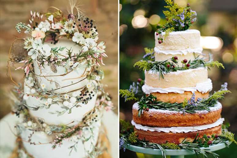 11. O bolo jardim secreto pode também ter decoração natural, com flores e folhas de verdade. À direita, vemos um naked cake. Foto de Constance Zahn