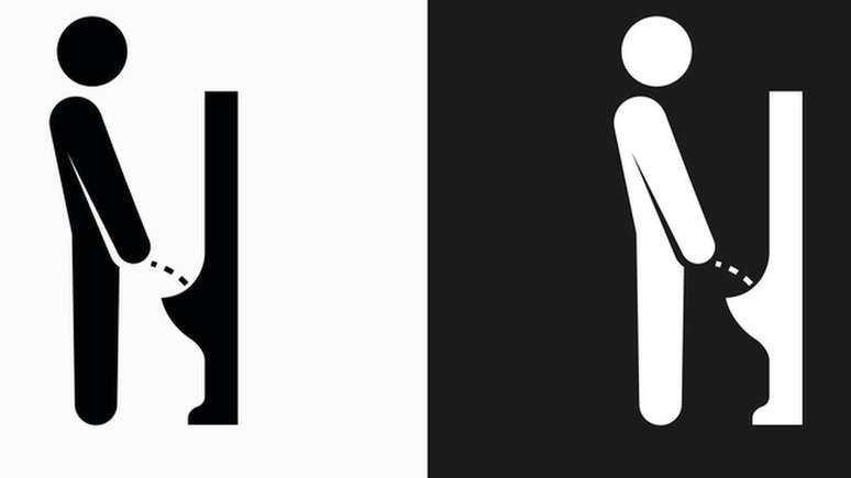 Graphics of a man using a urinal