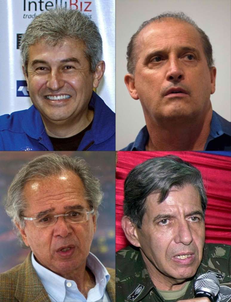 Da esquerda para a direita, a partir de cima: Marcos Pontes, Onyx Lorenzoni, Paulo Guedes e o general da reserva Augusto Heleno, apontados como ministros do governo de Jair Bolsonaro, eleito neste domingo