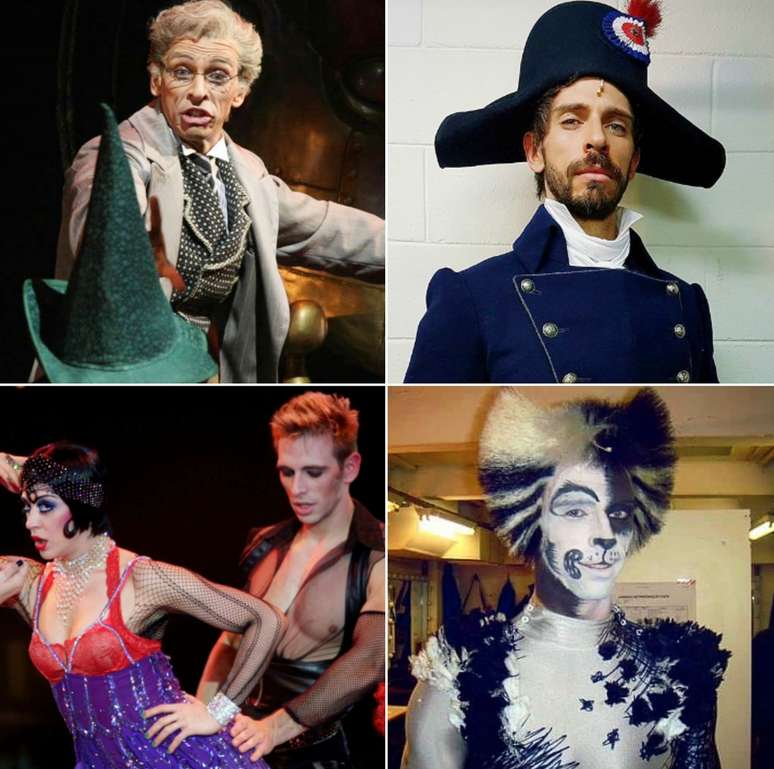 Acima, Leo Wagner em ‘Wicked’ e como o Javert de ‘Les Misérables’; abaixo, com Claudia Raia em ‘Cabaret’ e no clássico ‘Cats’