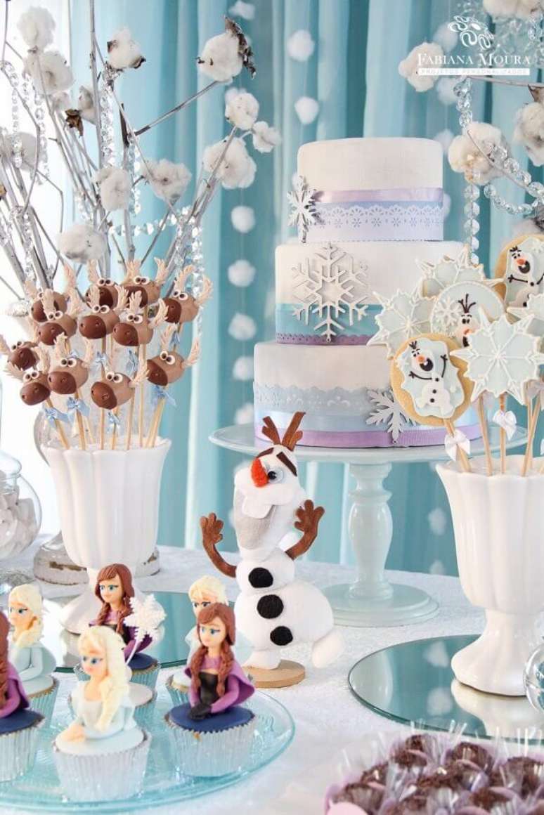43- Na festa Frozen ideias criativas os doces tem o formato dos personagens. Fonte: Fabiana Moura Projetos Personalizados