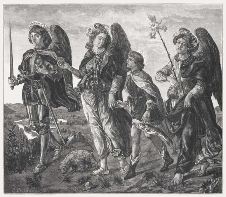 Três arcanjos e Tobias, pintado (c.1470) por Francesco Botticini