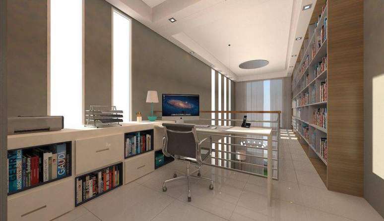 12. Voc&ecirc; pode mesclar uma biblioteca e um home office no mezanino