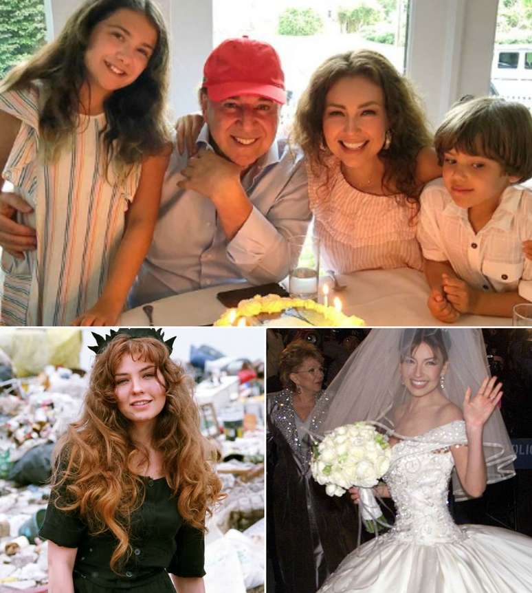 Acima, Thalía com o marido, Tommy, e os filhos do casal, Sabrina e Matthew; abaixo, na pele de Maria do Bairro e no dia de seu casamento