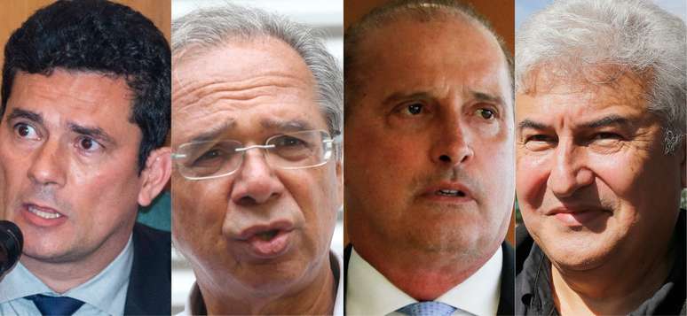 Alguns dos principais ministros do governo Bolsonaro: S&eacute;rgio Moro (Justi&ccedil;a e Seguran&ccedil;a P&uacute;blica); Paulo Guedes (Economia), Onyx Lorenzoni (Casa Civil) e Marcos Pontes (Ci&ecirc;ncia, Tecnologia, Inova&ccedil;&otilde;es e Comunica&ccedil;&otilde;es)