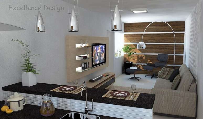 19. Decoração de sala integrada com cozinha com luminárias de teto diferentes