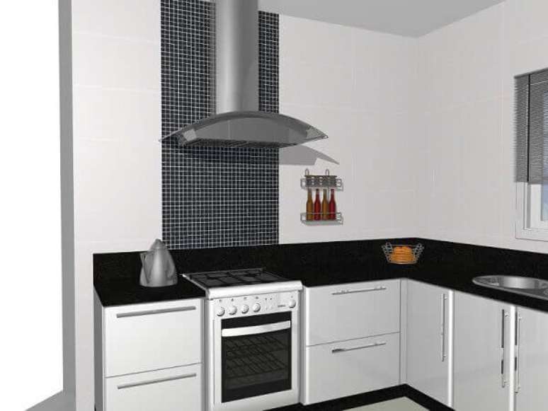 57. A faixa da parede recebe os revestimentos de pastilhas para cozinha na cor preta. Fonte: Atelier Cl&aacute;ssico