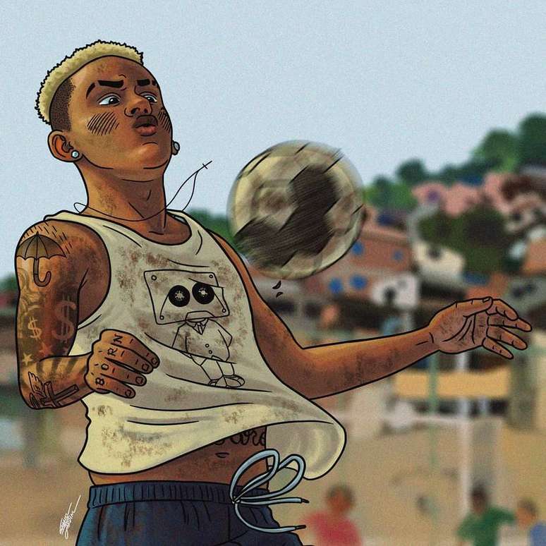 MC Casc&atilde;o domina a bola no peito com a camiseta do &aacute;lbum 'Para que j&aacute; mordeu um cachorro por comida, at&eacute; que eu cheguei longe', do rapper Emicida. Num story do Instagram, Gabriel escreve sobre a imagem: 'Toca pro pai!'.