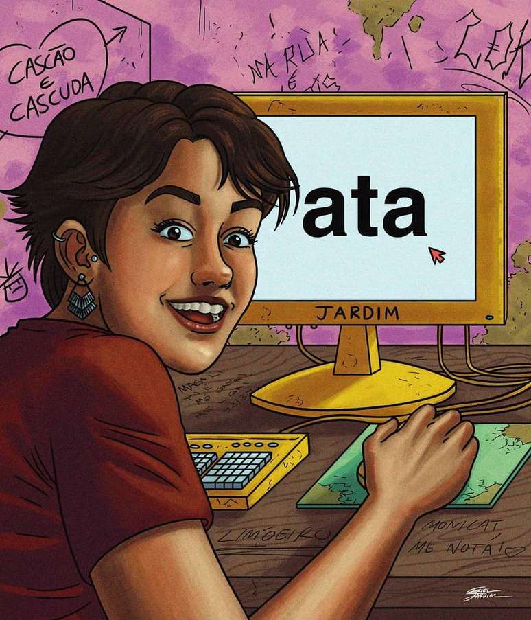 Gabriel recebeu alguns coment&aacute;rios de 'haters' (pessoas que fazem cr&iacute;ticas n&atilde;o construtivas) e ironizou com meme 'Ata' da M&ocirc;nica original. Na mesa, o quadrinista retratou rabiscos como 'Monicat, me nota!' e 'Magali t&aacute; m&oacute; gata. Me liga!'.