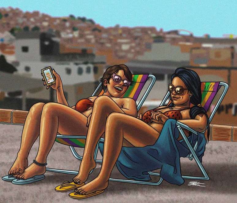 Na ilustra&ccedil;&atilde;o, at&eacute; os biqu&iacute;nis seguem as cores das personagens.&nbsp;