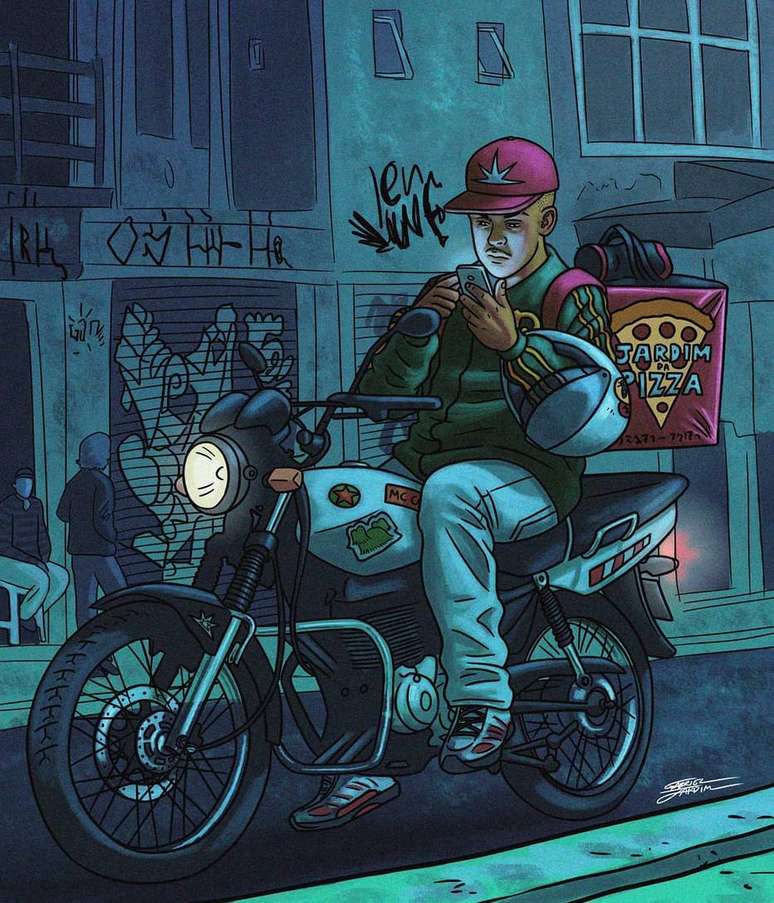 DJ Cebola &eacute; motoboy e, em story do Instagram, Gabriel Jardim aponta que o personagem est&aacute; mandando mensagem para um amigo: 'T&ocirc; acabando aqui o trampo. Vai colar no baile?'