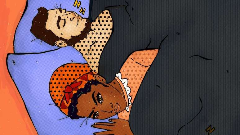 Ilustração de um homem e uma mulher em uma cama