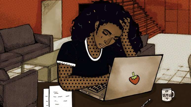 Ilustra&ccedil;&atilde;o de uma mulher lendo e-mails comprometedores no computador do marido