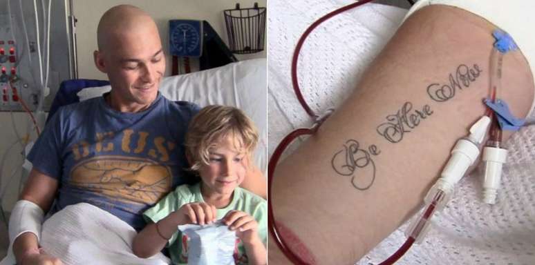 Andy com o filho Jesse durante uma internação, e a tatuagem com a mensagem que dá título ao documentário