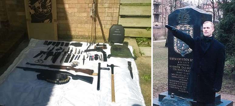 Coleção de armas de Vehvilainen - e uma foto dele fazendo a saudação nazista