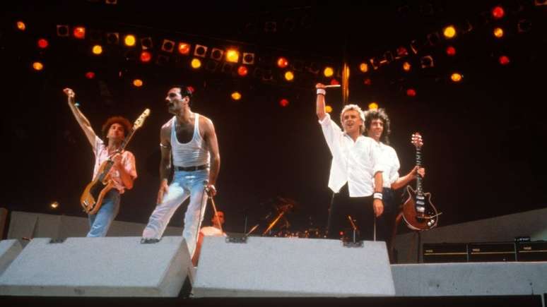 Show do Queen no Live Aid, festival de rock na Inglaterra que arrecadou fundos para combater a fome na Etiópia, em 1985