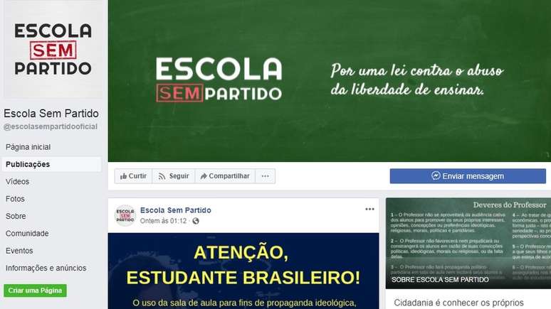 P&aacute;gina do Escola Sem Partido no Facebook tem mais de 190 mil curtidas