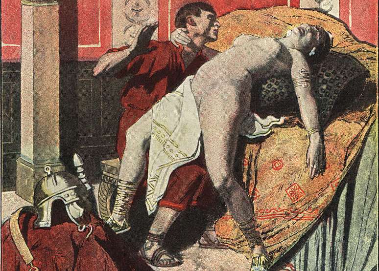 A imperatriz romana Messalina nua no bordel Lupanar com um soldado. A ilustração é de Auguste Leroux, 1903