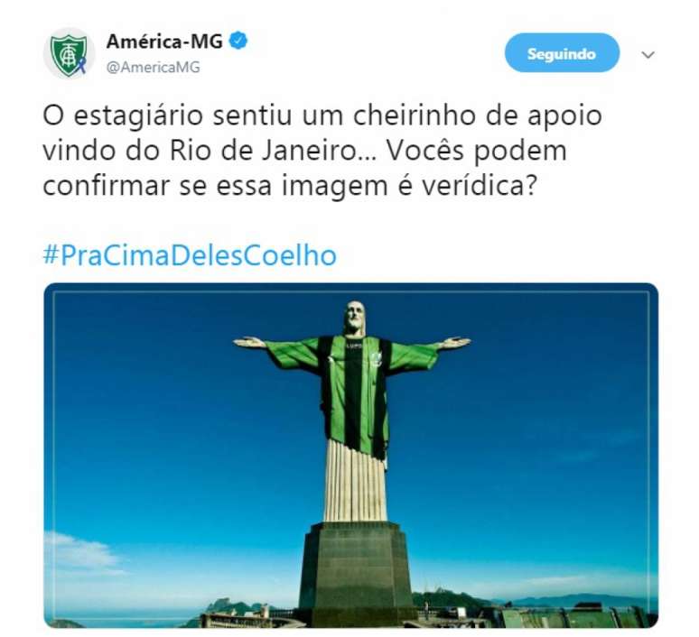 O perfil do Coelhovestiu o Cristo Redentor com a camisa americana "sentindo" o cheiro do apoio flamenguista no duelo contra o Palmeiras- Reprodução