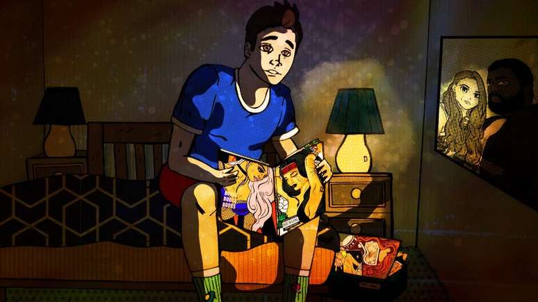Ilustração mostra menino vendo uma revista pornô