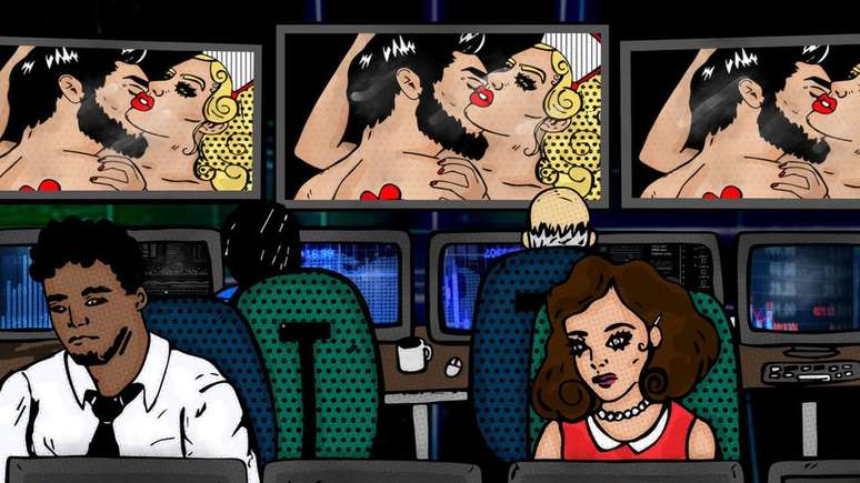 Ilustra&ccedil;&atilde;o mostra pessoas trabalhando em mesa de opera&ccedil;&otilde;es financeiras com filme porn&ocirc; nas telas ao fundo